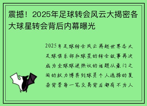震撼！2025年足球转会风云大揭密各大球星转会背后内幕曝光