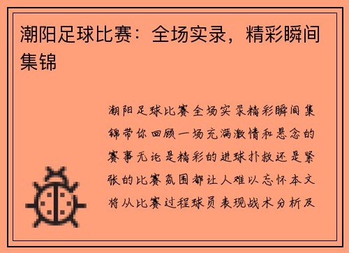 潮阳足球比赛：全场实录，精彩瞬间集锦