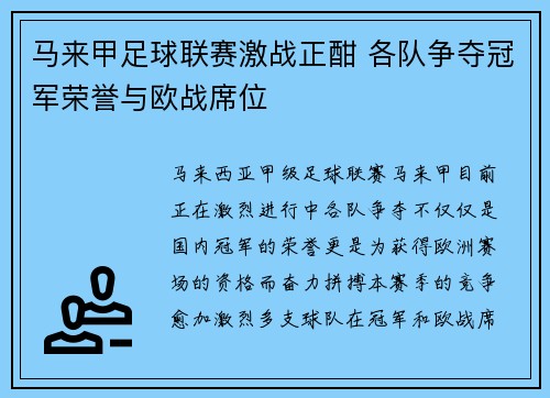 马来甲足球联赛激战正酣 各队争夺冠军荣誉与欧战席位
