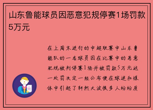 山东鲁能球员因恶意犯规停赛1场罚款5万元