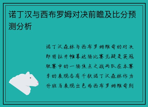 诺丁汉与西布罗姆对决前瞻及比分预测分析