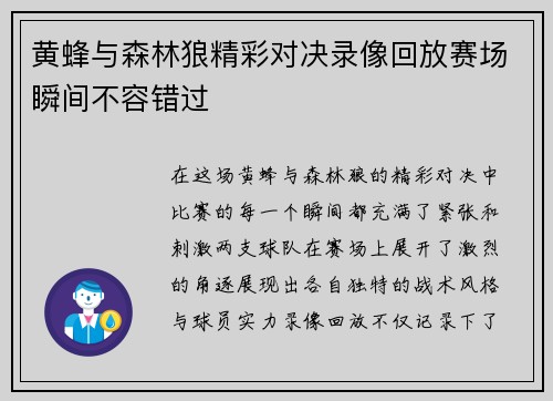 黄蜂与森林狼精彩对决录像回放赛场瞬间不容错过