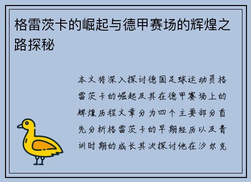 格雷茨卡的崛起与德甲赛场的辉煌之路探秘