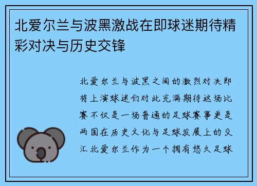 北爱尔兰与波黑激战在即球迷期待精彩对决与历史交锋
