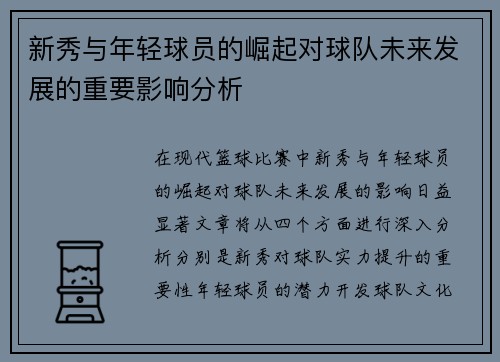 新秀与年轻球员的崛起对球队未来发展的重要影响分析