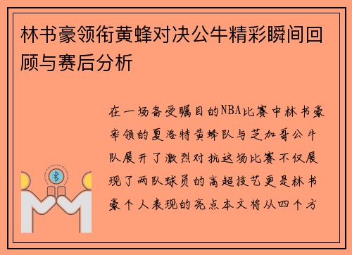 林书豪领衔黄蜂对决公牛精彩瞬间回顾与赛后分析