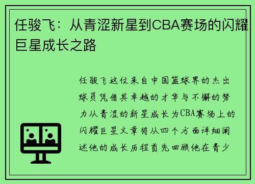 任骏飞：从青涩新星到CBA赛场的闪耀巨星成长之路