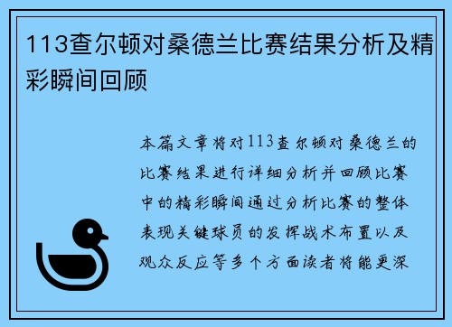 113查尔顿对桑德兰比赛结果分析及精彩瞬间回顾