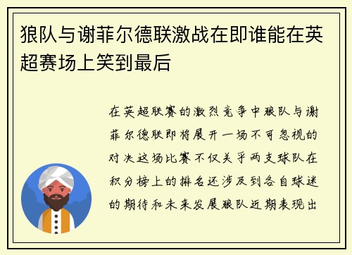 狼队与谢菲尔德联激战在即谁能在英超赛场上笑到最后