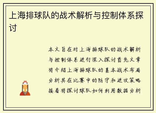 上海排球队的战术解析与控制体系探讨