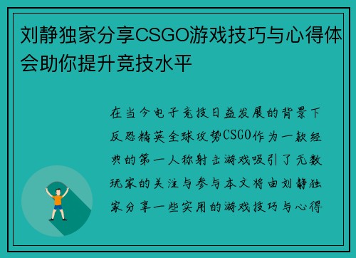 刘静独家分享CSGO游戏技巧与心得体会助你提升竞技水平