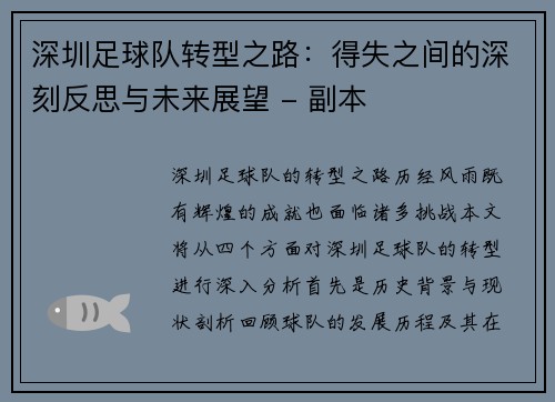 深圳足球队转型之路：得失之间的深刻反思与未来展望 - 副本